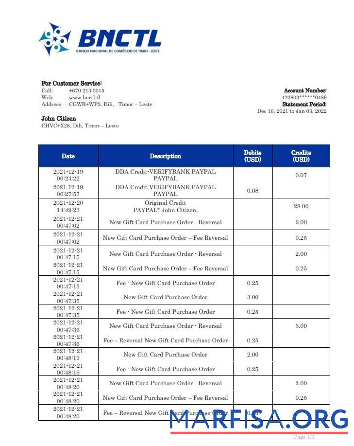 Blank Timor Leste BNCTL bank statement word template